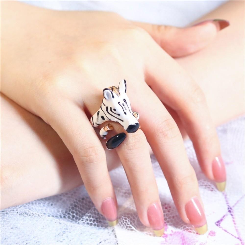 Vintage Cartoon Glaze Ring Delicate Opening Finger Ring Jewelry Animal Horse Ring Set Girls