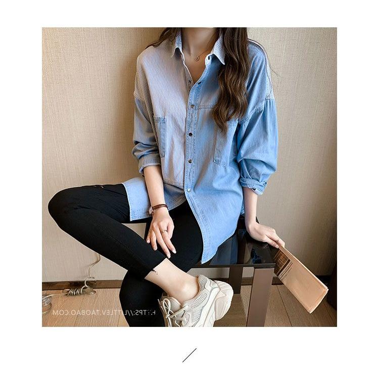 Джинсовая рубашка, женская весенне-осенняя большая свободная рубашка с длинными рукавами, полосатая рубашка, универсальные повседневные топы