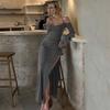New Fashion Backless Slit Solid Halter Sexy Dress Women Summer Long Sleeve Off Shoulder Party Dress for Women Elegant Slim Fit Casual Dresses 25557
