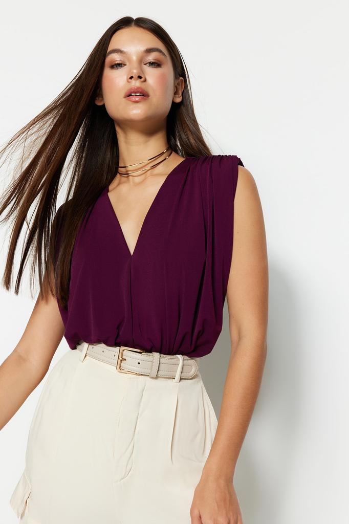 Women's Fashion New Bodysuit Emerald Padded Double Breasted Collar Flexible Snap Fastener Knitted Bodysuit