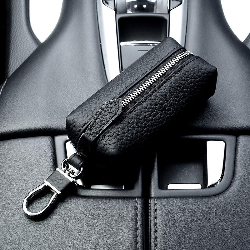 Men's Genuine Leather Car Key Bag with Zipper - Top Layer Cowhide Key Cover and Household Keychain