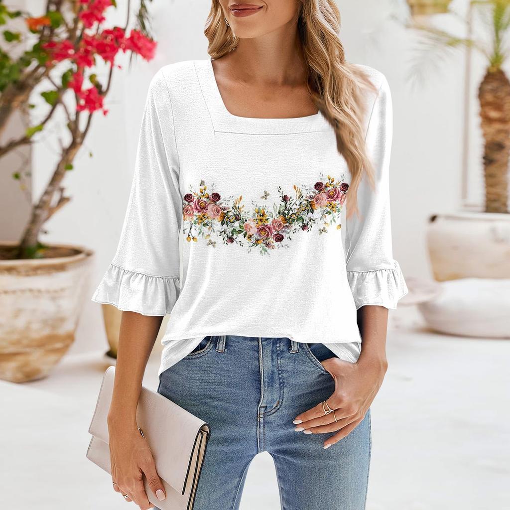 Женские повседневные топы с рукавами 3/4, летние футболки с квадратным вырезом, свободные туники с рюшами, блузки-туники