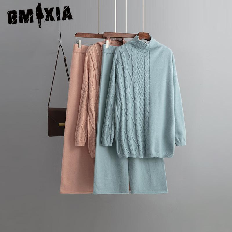GMXIA Autumn and Winter Large-sized High-neck Set, Fashionable, Gentle and Laid-back Style Sweater Two-piece Set, Solid Color Knitted