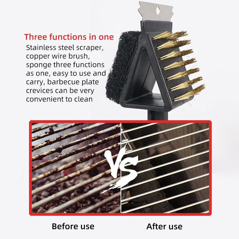 BBQ Cleaning Brush Copper Wire Sponge Shovel Barbecue Grill Oven Cleaning Long Handle 3 in 1 Corner Copper Wire Brush BBQ Tools