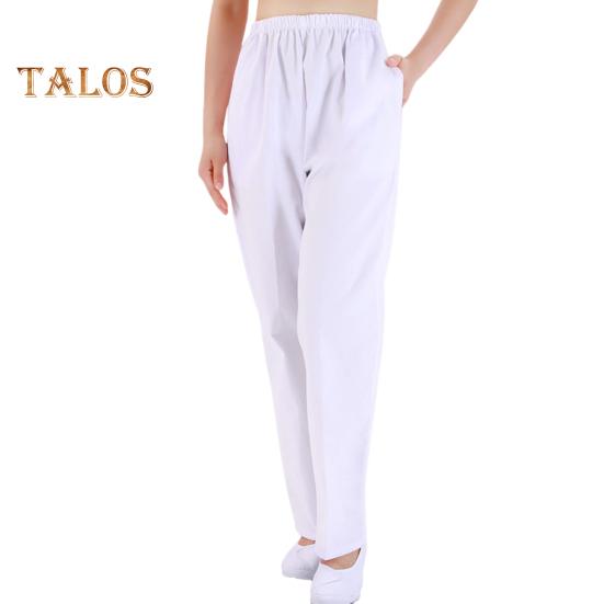 Летние брюки для медсестры со средней посадкой и эластичной резинкой на талии, широкие длинные брюки, однотонные женские рабочие брюки с карманами