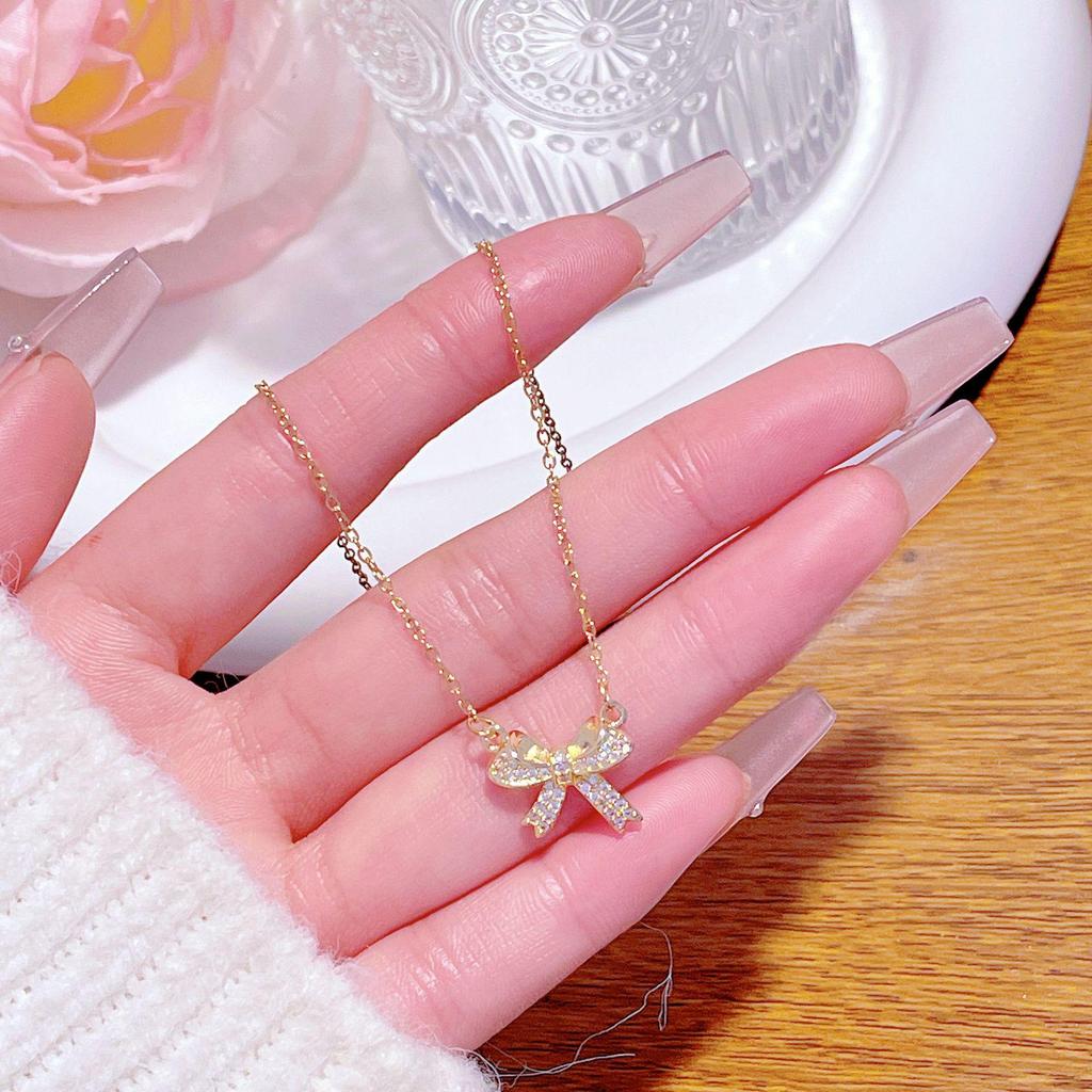 Exquisite Women's Light Luxury Micro-Paved Bow Necklace - Sweet Clavicle Chain Choker
