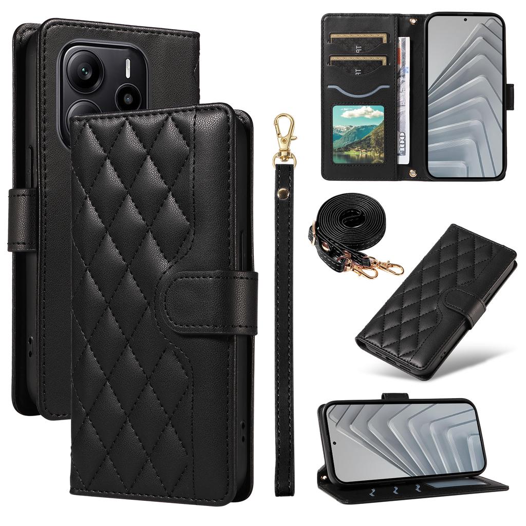 For Xiaomi Redmi Note 14 4G (164.84x78.15x8.16mm) Wallet Case Rhombus Leather Phone Cover with Strap