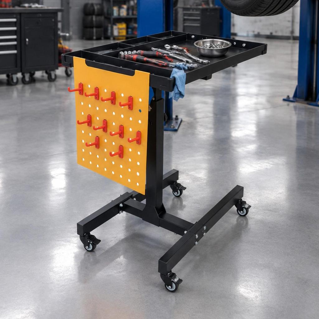 Mobile Workbench Wheeled HeightAdjustable Portable Workshop Table Metal Frame for Garage,