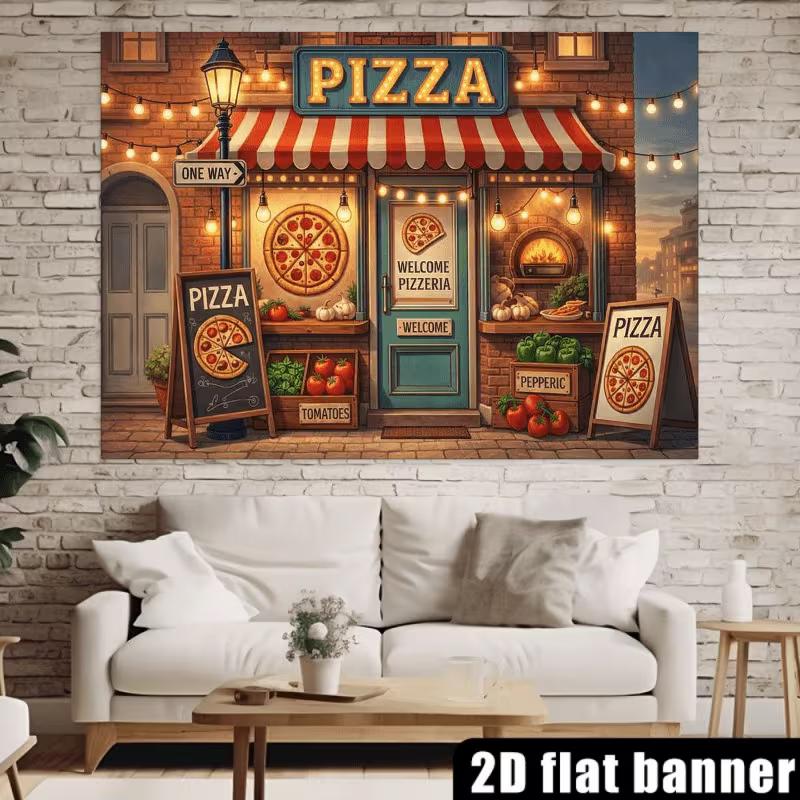 2D Vintage Pizza Shop Backdrop Pizzeria Street View Photography Background Banner