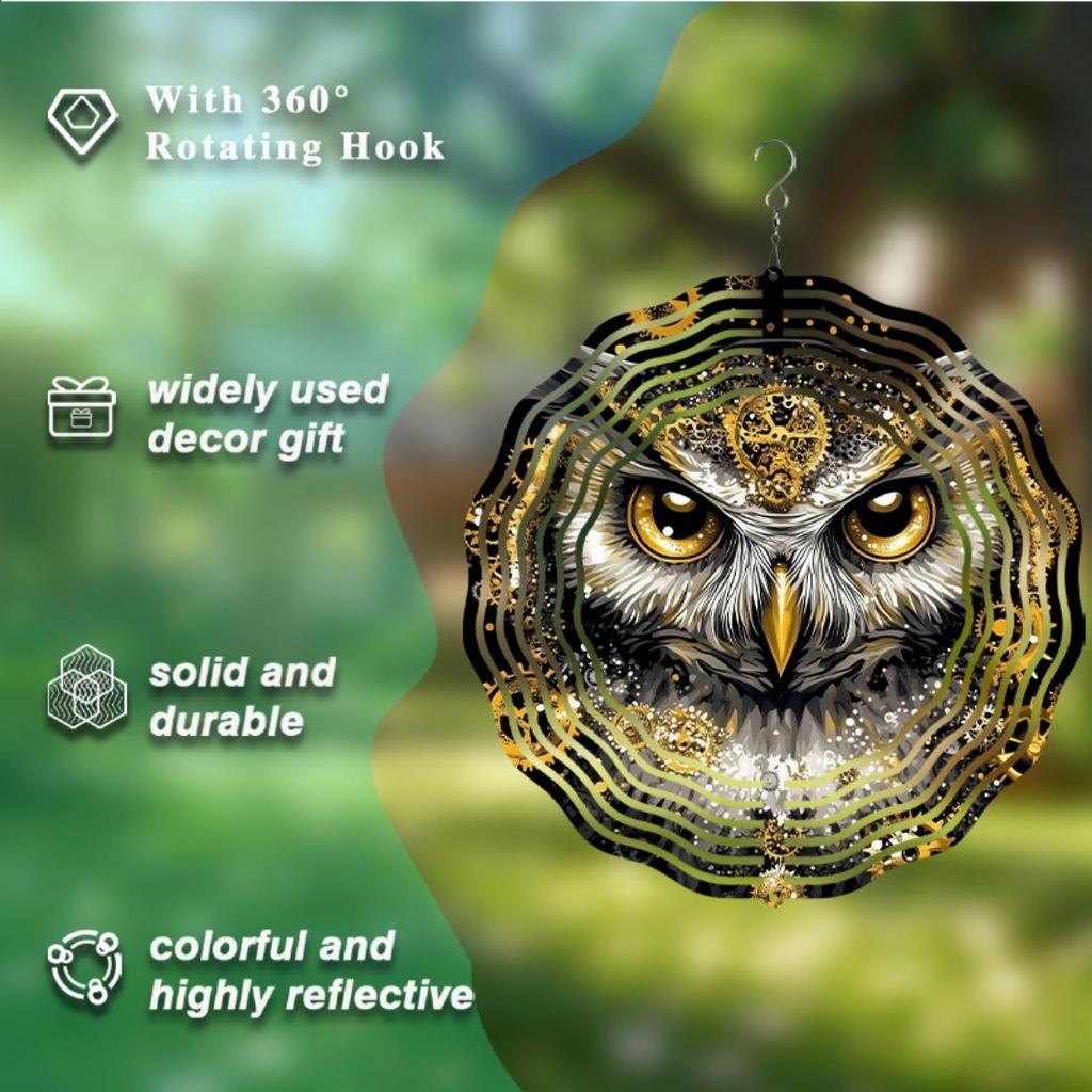 Elegant Owl Wind Spinner - Luxurious Golden & Black Metal Garden Sculpture, 2D Outdoor Decor with Intricate Feather Patterns, No Power Required