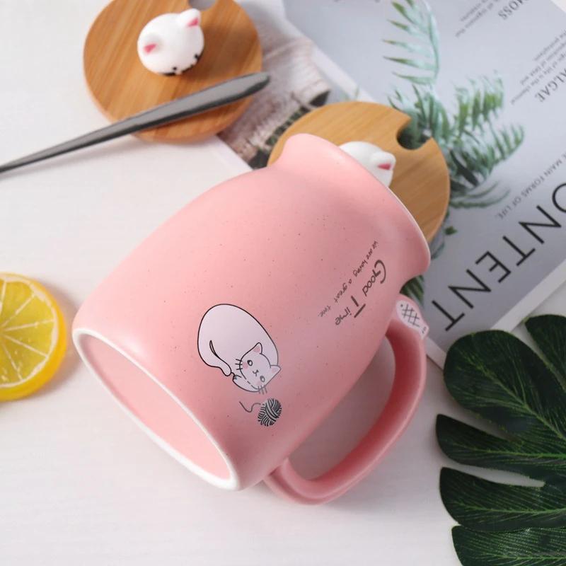 Cute Creative Cat Ceramic Coffee Mug with Lid and Spoon Kawaii Cartoon Kitten 450ml Gift Children Couple's Water Cup Drinkware