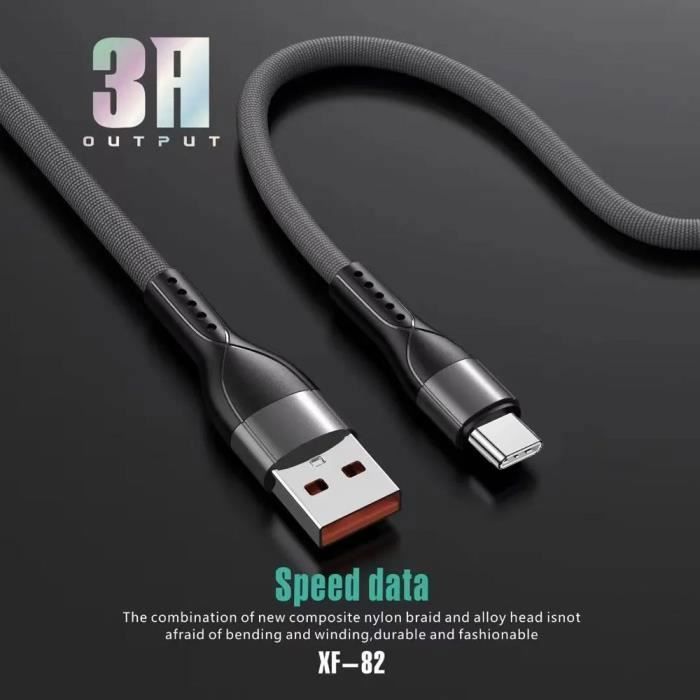 Lot-2 Câble USB-C 1M Charge Rapide 3A pour Samsung Galaxy - BOOLING - Nylon Tressé Gris