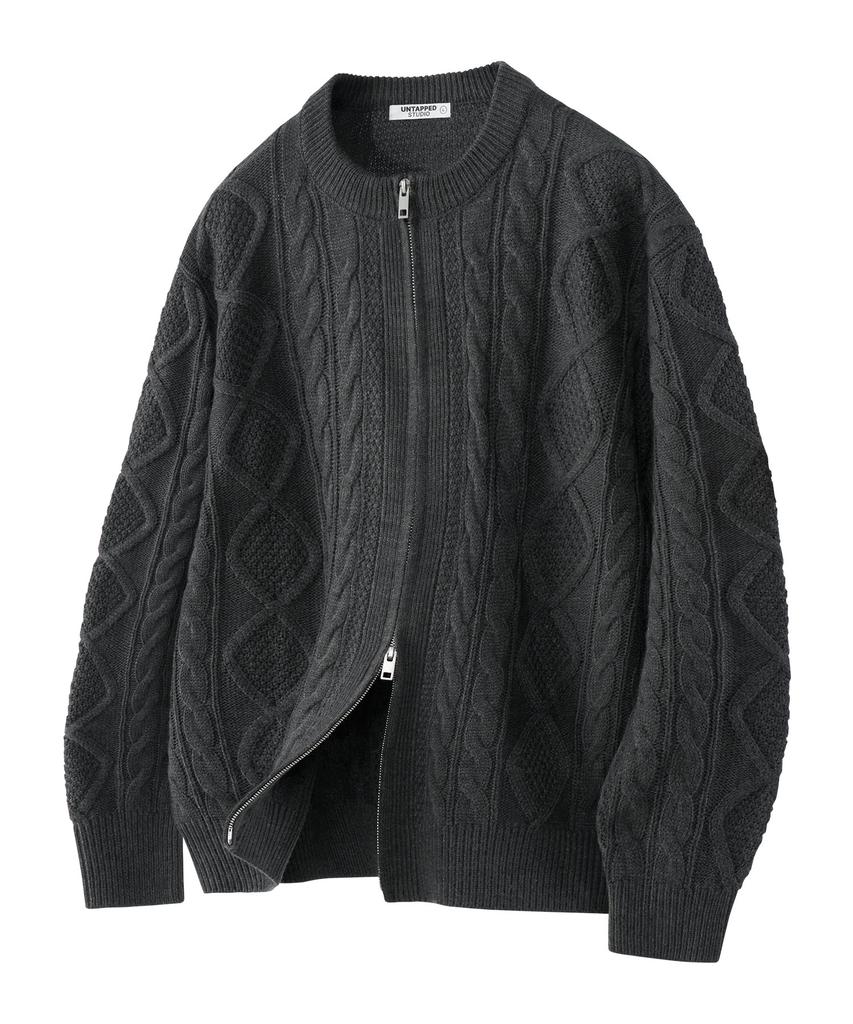 UNTAPPED STUDIO Oversized 2-Way Aran Cable Round Zip-Up Knit Cardigan 5 Colors