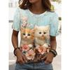 Stylish Animal Cat Print Tops Loose Crew Neck Tops Versatile T-Shirts Women’s