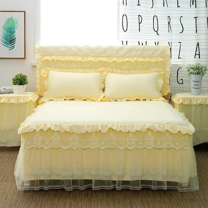 1 Pc Lace Bed Skirt +2pcs Pillowcases Bedding Set Princess Lace Bedding Bedspreads Fitted Bed Sheet For Girls King Queen Size