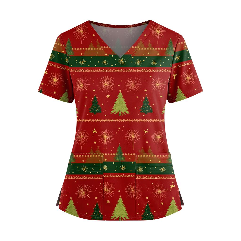 Женский рождественский топ с принтом, V-образным вырезом, двумя карманами, короткими рукавами, разрезом по подолу, униформа для сиделки
