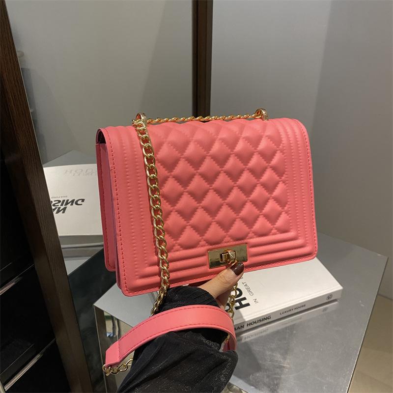 Fashionable Trend Chain Lock New Diamond Indentation Women's Korean Version Simple Crossbody Single Shoulder Small Square Bag Trendy