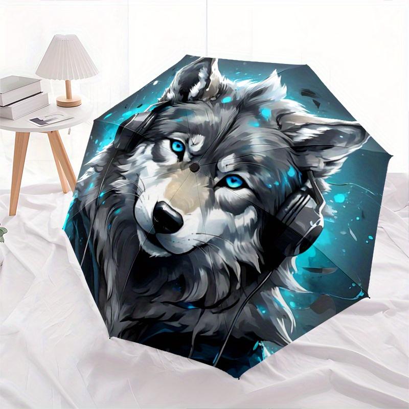 1pc Blue-Eyed Wolf in Headphones Automatic, Cute Cartoon Pattern, Portable Outdoor Umbrella, Holiday Gift for fans.C022