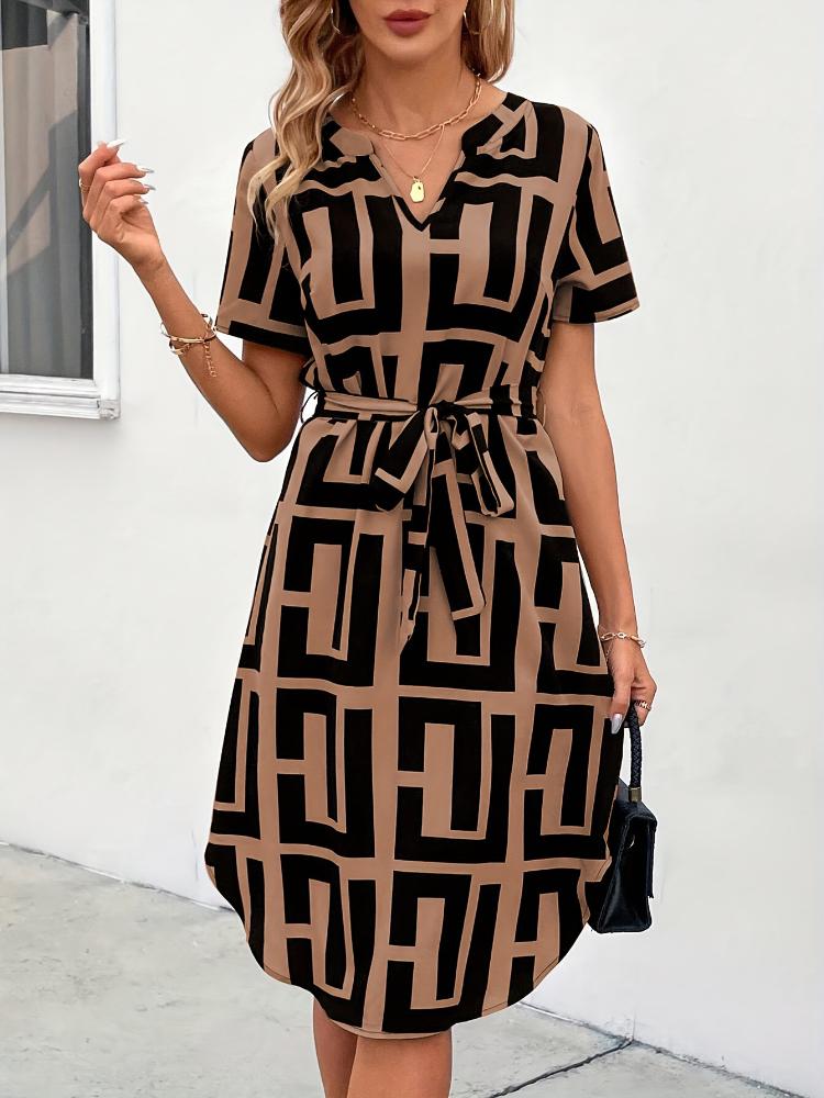 Summer Women's Short Sleeved Dress V-neck Fashionable Elegant Dress Casual Lace Up Beach Dress