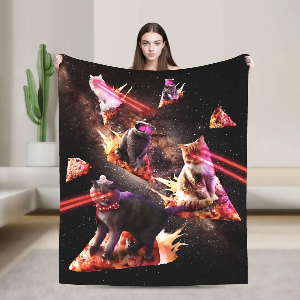 Outer Space Pizza Cat Rainbow Laser Eyes Blanket Flannel Winter Portable Soft Throw Blanket for Bedding