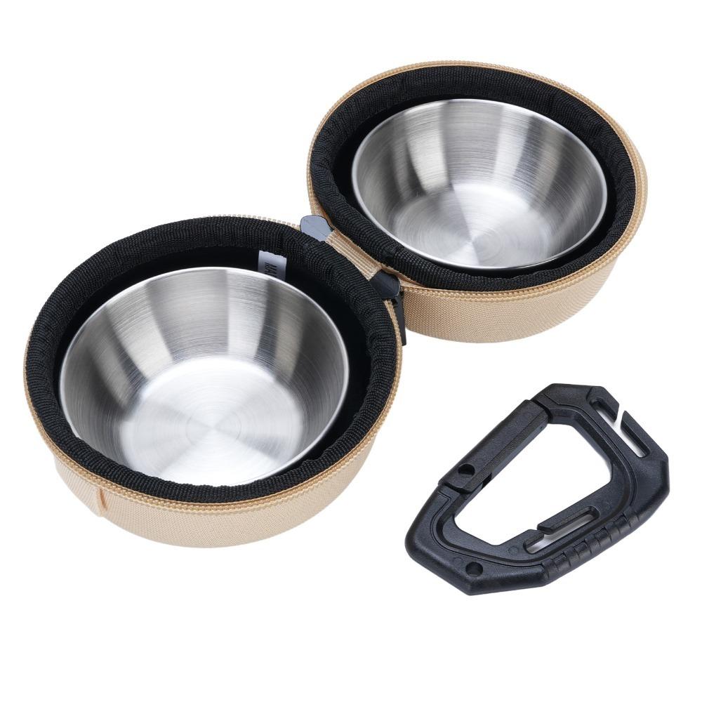 Stainless Steel Portable PET Bowl Set Green and Khaki Travel PET Feeder PET Feeding