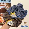 Retro Korean Blue & Brown Plaid Scrunchie, Girly Autumn/Winter Schoolgirl Bow Hair Tie