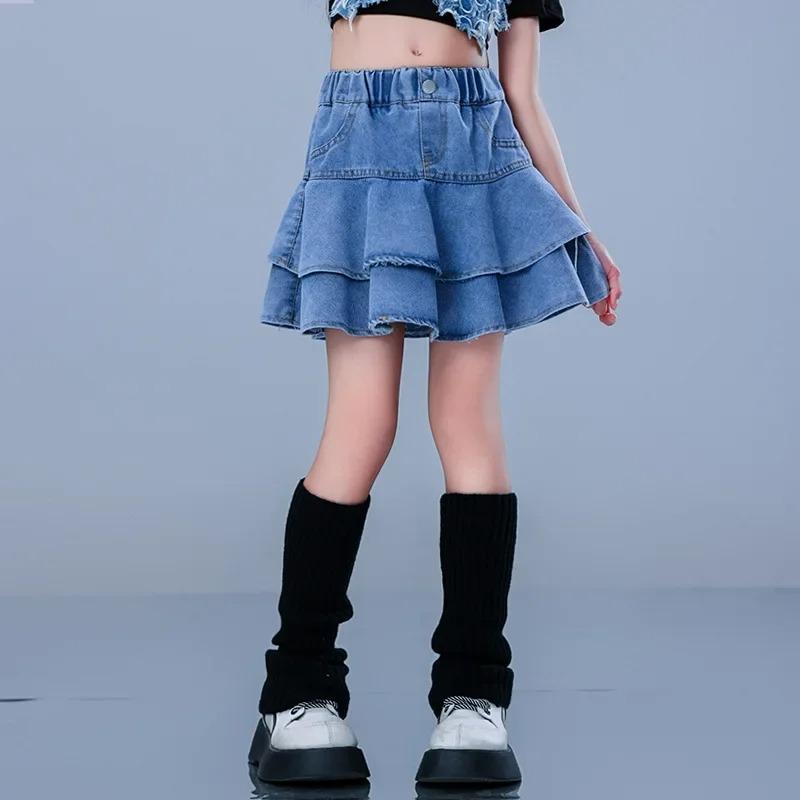 Летняя джинсовая юбка для девочек, модная синяя многослойная юбка с оборками для детей, повседневная универсальная короткая юбка для подростков школьного возраста 4-12 лет