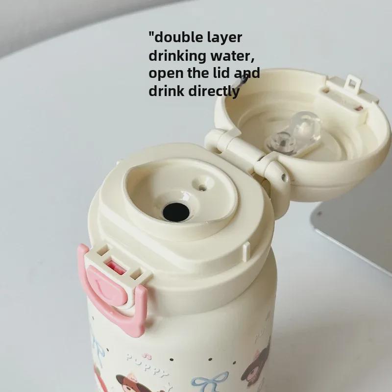 Cute Cartoon Print Double Drink Stainless Steel Thermos Cup with Straw - Portable Pop-Up Cup for Girls and Students