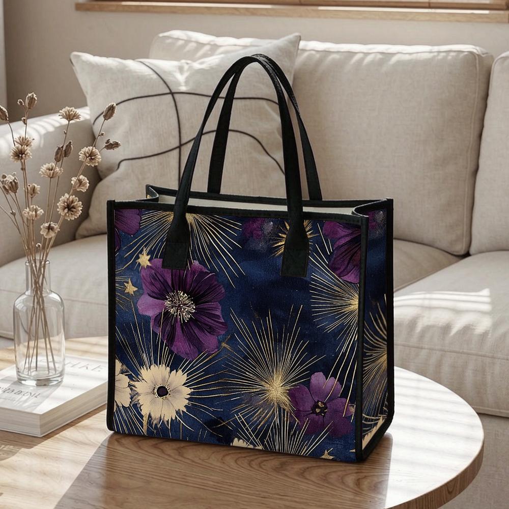 Elegant Purple Flower Pattern Tote Bag Casual Large Capacity Portable Handbag for Daily Use