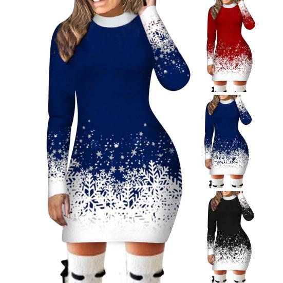 Женское осенне-зимнее платье с принтом снежинки, градиентное сочетание цветов, облегающее платье, плотное, теплое, с длинным рукавом, с круглым вырезом, женское новогоднее вечерние мини-платье