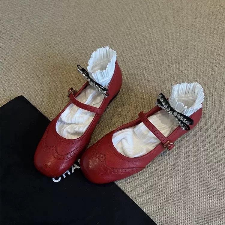 Cowhide~ Genuine Leather French Single Shoes Women's Flat Bottom New with Skirt Ballet Shoes Retro Versatile Engraved Mary Jane Shoes