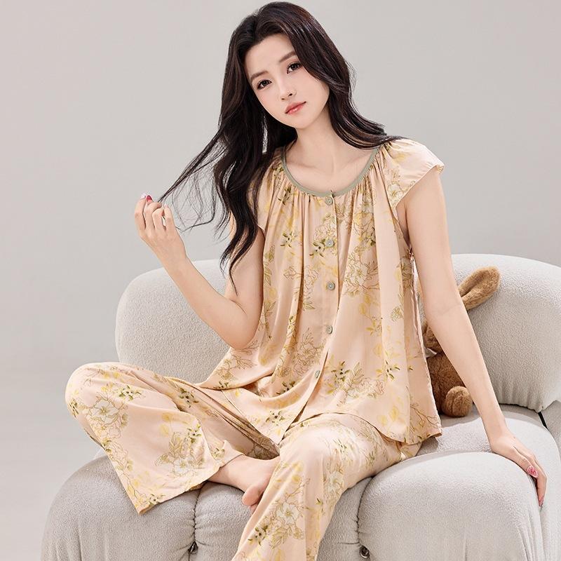 Printed buttons cotton and silk pajamas women's spring and autumn thin sleeveless trousers artificial cotton suit loose loungewear