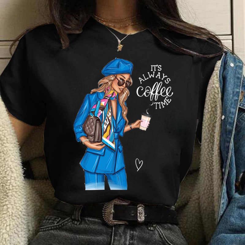 Повседневная женская футболка Coffee Girl, новый черный топ для девочек с круглым вырезом, модная одежда с коротким рукавом в стиле Харадзюку 90-х годов, Прямая поставка