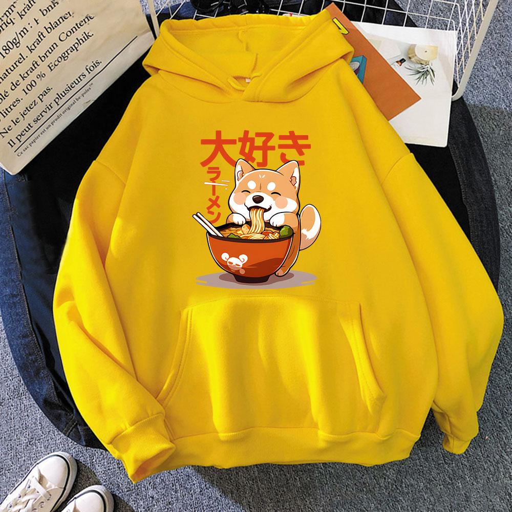 Толстовка с капюшоном Shiba Inu Slurping Ramen Noodles Cartoon Kawaii Cat Graphic Sweatshirt Cool Anime Pullover Women Men Clothing