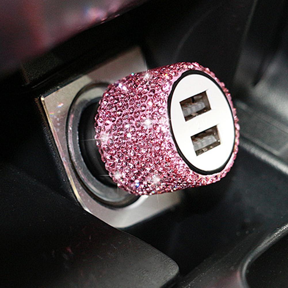 Новое блестящее автомобильное зарядное устройство USB 5 В 2,1 А, двухпортовый быстрый адаптер, розовый автомобильный декор, Стайлинг автомобиля с бриллиантами, автомобильные аксессуары, интерьер для женщин