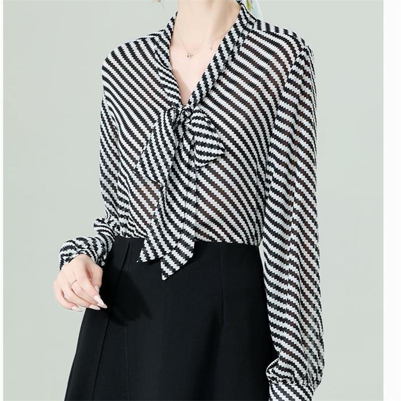 Элегантные женские летние блузки, повседневные женские топы, женская полосатая рубашка с бантом, шифоновая блузка, сорочка femme blusas, топ с длинными рукавами