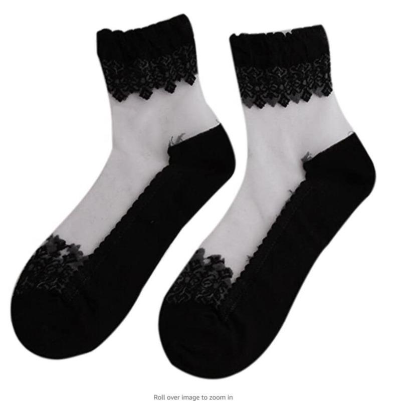 Women Sheer Crystal Lace Socks Transparent Ankle Socks with Ruffle Trim Stackable Fashion Footwear for Daily Wear