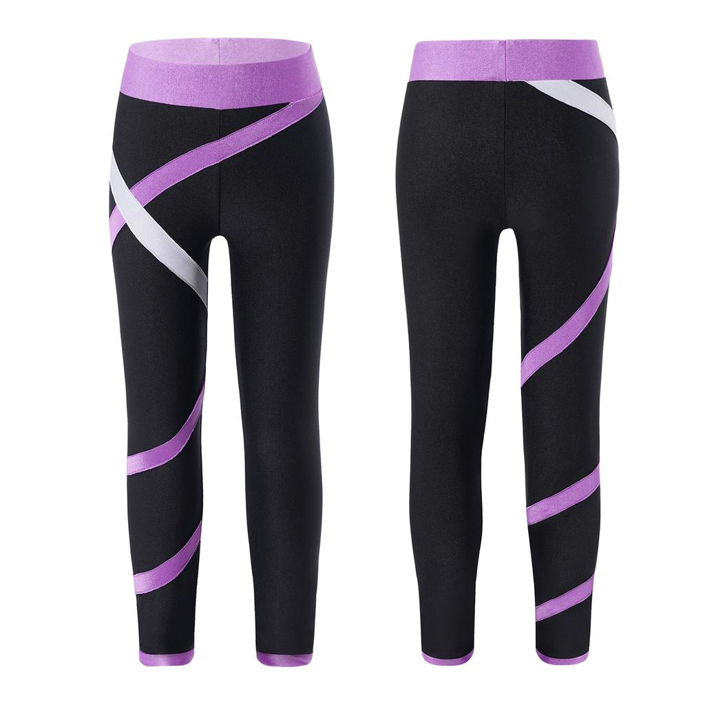 Kids Girls Sportswear Colorblock Leggings Stretchy Pants for Skating Gymnastic Yoga Workout Fitness