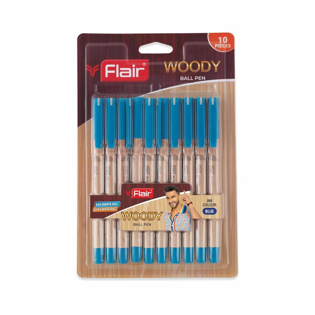 Flair Woody 0.7mm Ball Pen Pack of 1 X 10 | Smooth Blue Ink Writing for School, Office & Journaling