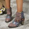 Осенние женские ботинки Этнические красочные с принтом Кожаные ботильоны Модные молнии Высокий каблук Ботильоны Сплайсинг Женская обувь