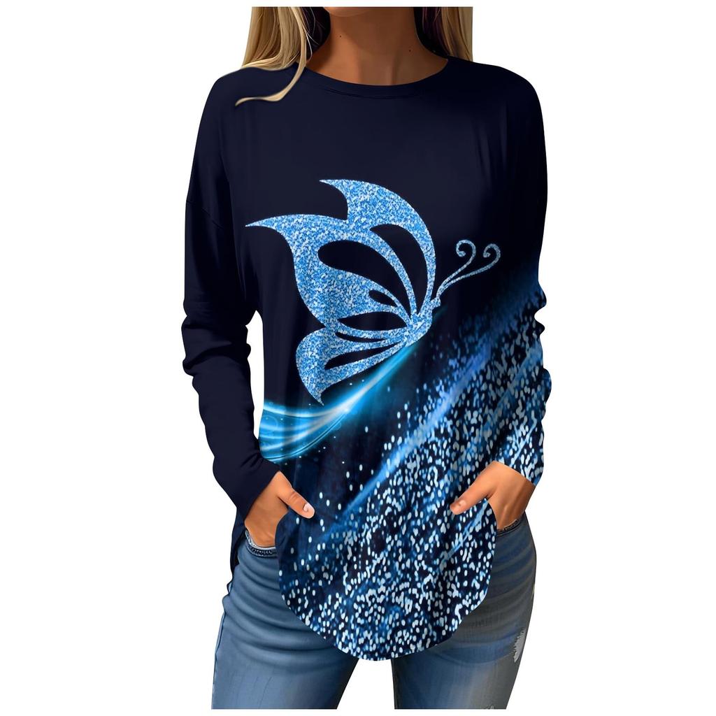 Women's 3d Printed Butterfly Flash T-shirt Fashion Long Sleeve Round Neck Regular Top Holiday Weekend Spring and Autumn Wear