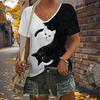 Cute Black Cat Print Painting Blouses Short Sleeved V-Neck T Shirts Casual