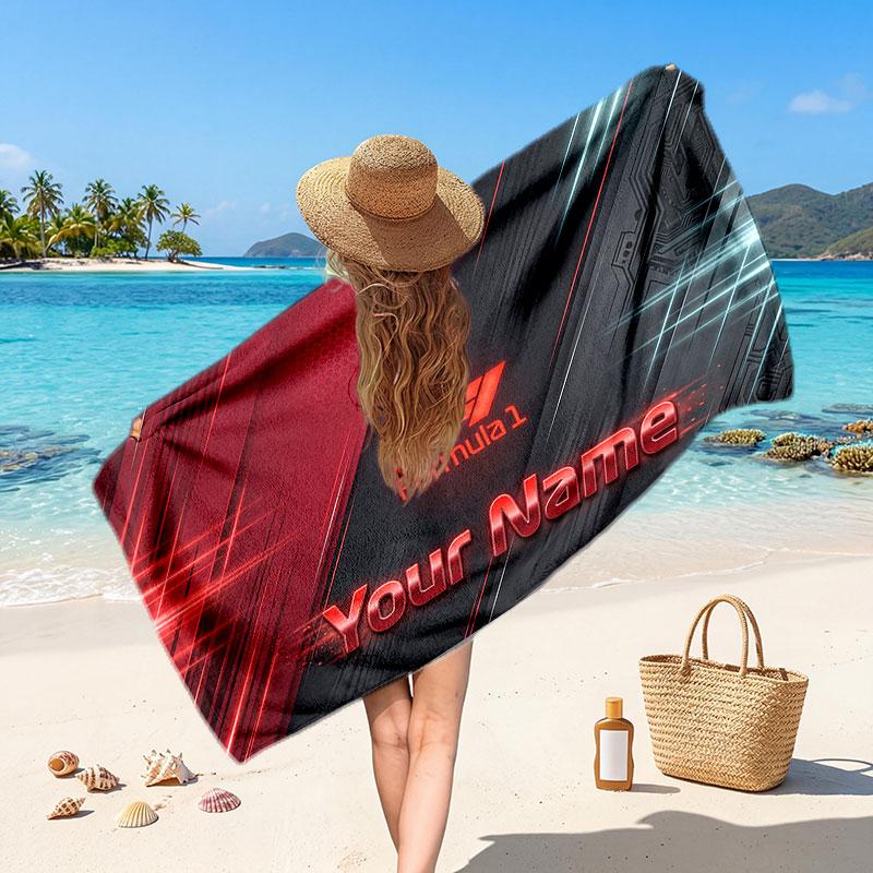 F1 Customized Name Text Beach Towel, Soft Absorbent Towel Beach Pool Travel Personal Gift