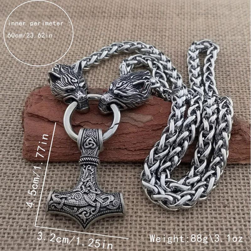 Nordic Viking Thor Hammer Pendant Wolf Head Necklace Domineering Necklace Men's Norwegian Jewelry