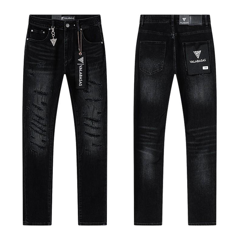 Distressed Washed Denim Jeans Men Slim Fit Flared Leg Embroidery Rhinestone Vintage Streetwear
