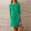 Women's Large Loose Solid Cotton Linen Round Neck Short Sleeve Pocket Button Dress