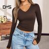 Women Bottoming Shirt Cotton Long Sleeve V-Neck Slim Fit T-shirt Stretchy Solid Color Thin Top for Daily Wear Dating Work