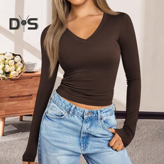 Women Bottoming Shirt Cotton Long Sleeve V-Neck Slim Fit T-shirt Stretchy Solid Color Thin Top for Daily Wear Dating Work