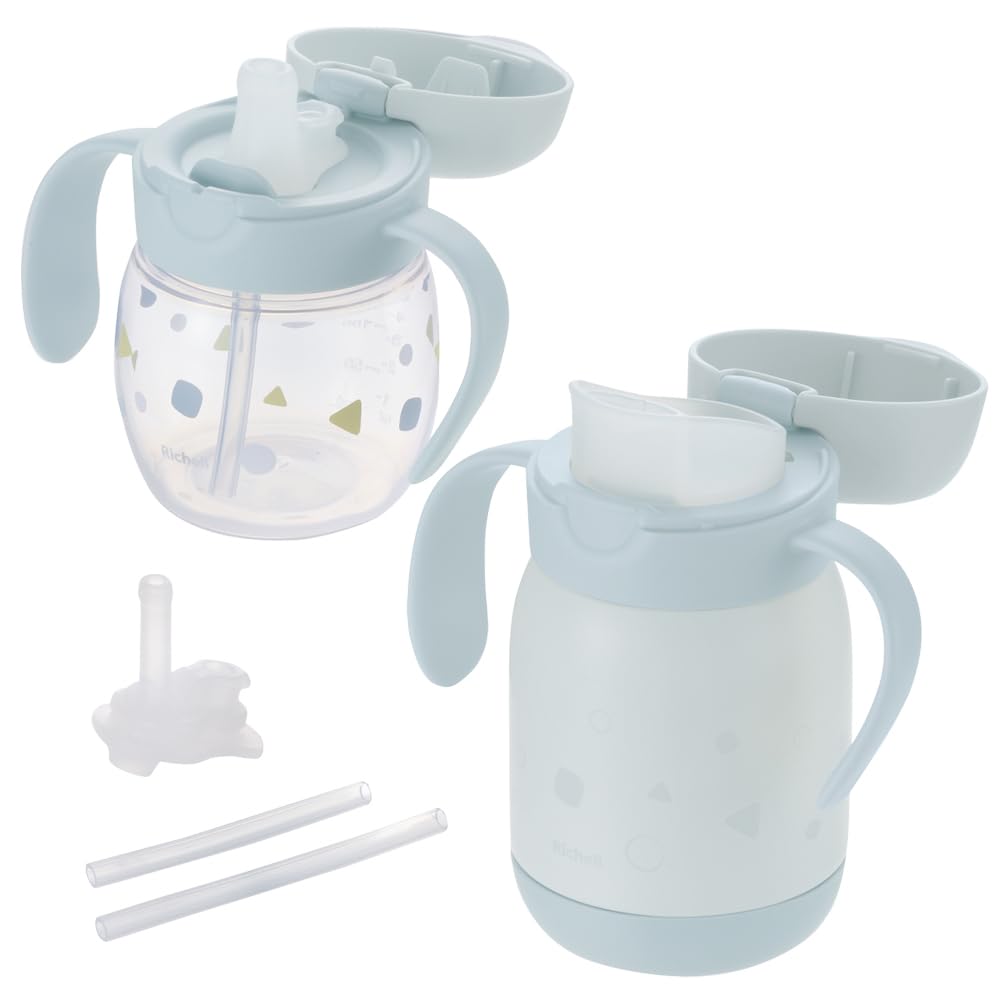 Richell Tri Mug Set Premium, Light Gray (120611), for Babies Up To 5 Months Old. Includes a Mug, Insulated Water Bottle, and Straw for Training.