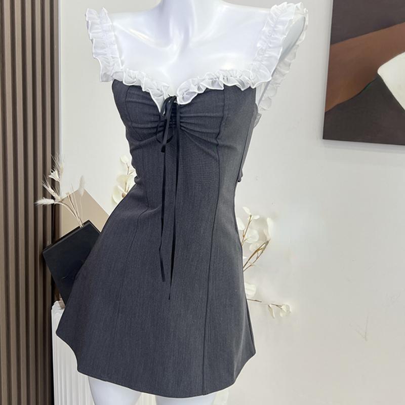 2023 женское летнее мини-платье с открытыми плечами, сексуальное элегантное винтажное модное вечернее клубное серое платье без рукавов, женское цельное платье